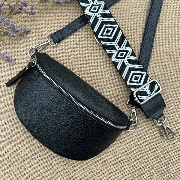 Bauchtasche Leder , Bauchtasche mit Taschenriemen, Umhängetasche, Bauchtasche Damen schwarz echtes Leder