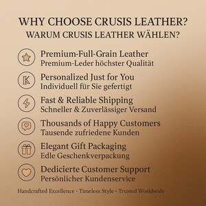 K&ouml;nnte beinhalten: Grafik mit Text auf Englisch und Deutsch, die f&uuml;r Crusis Leather wirbt. Der Text hebt Merkmale wie Premium-Leder, Personalisierung, schneller Versand, zufriedene Kunden, elegante Geschenkverpackung und engagierten Kundensupport hervor.