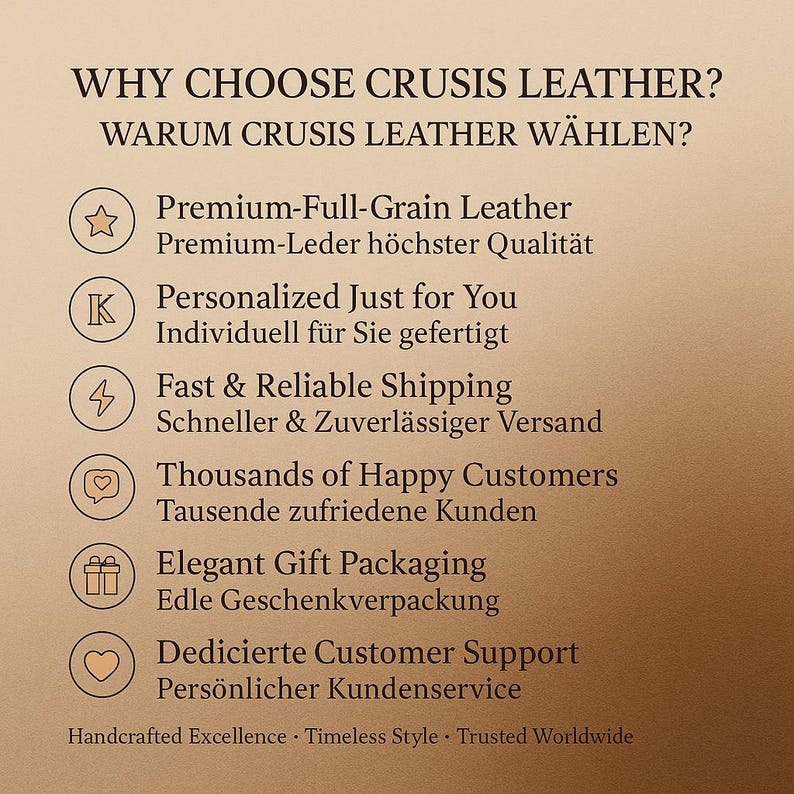 K&ouml;nnte beinhalten: Grafik mit Text auf Englisch und Deutsch, die f&uuml;r Crusis Leather wirbt. Der Text hebt Merkmale wie Premium-Leder, Personalisierung, schneller Versand, zufriedene Kunden, elegante Geschenkverpackung und engagierten Kundensupport hervor.