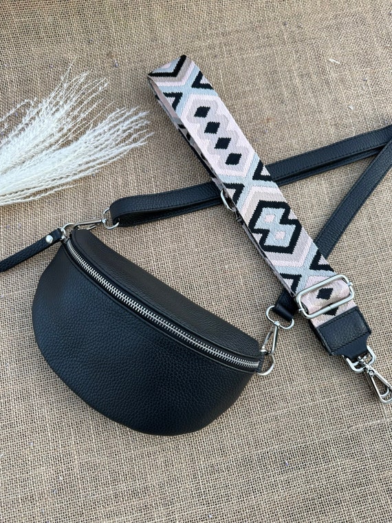 Small Leather Fanny Pack With Patterned Shoulder Strap 