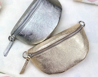 Bauchtasche Damen , Gold Bauchtasche aus Leder , Silber Bauchtasche aus Leder ,Gürteltasche , Damen Schultertache aus Leder