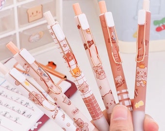Kawaii Cute Brown Bear Clicker Pen Set |6 Pen Set Kawaii Pen Set, Cute Stationery, Unique School Supplies