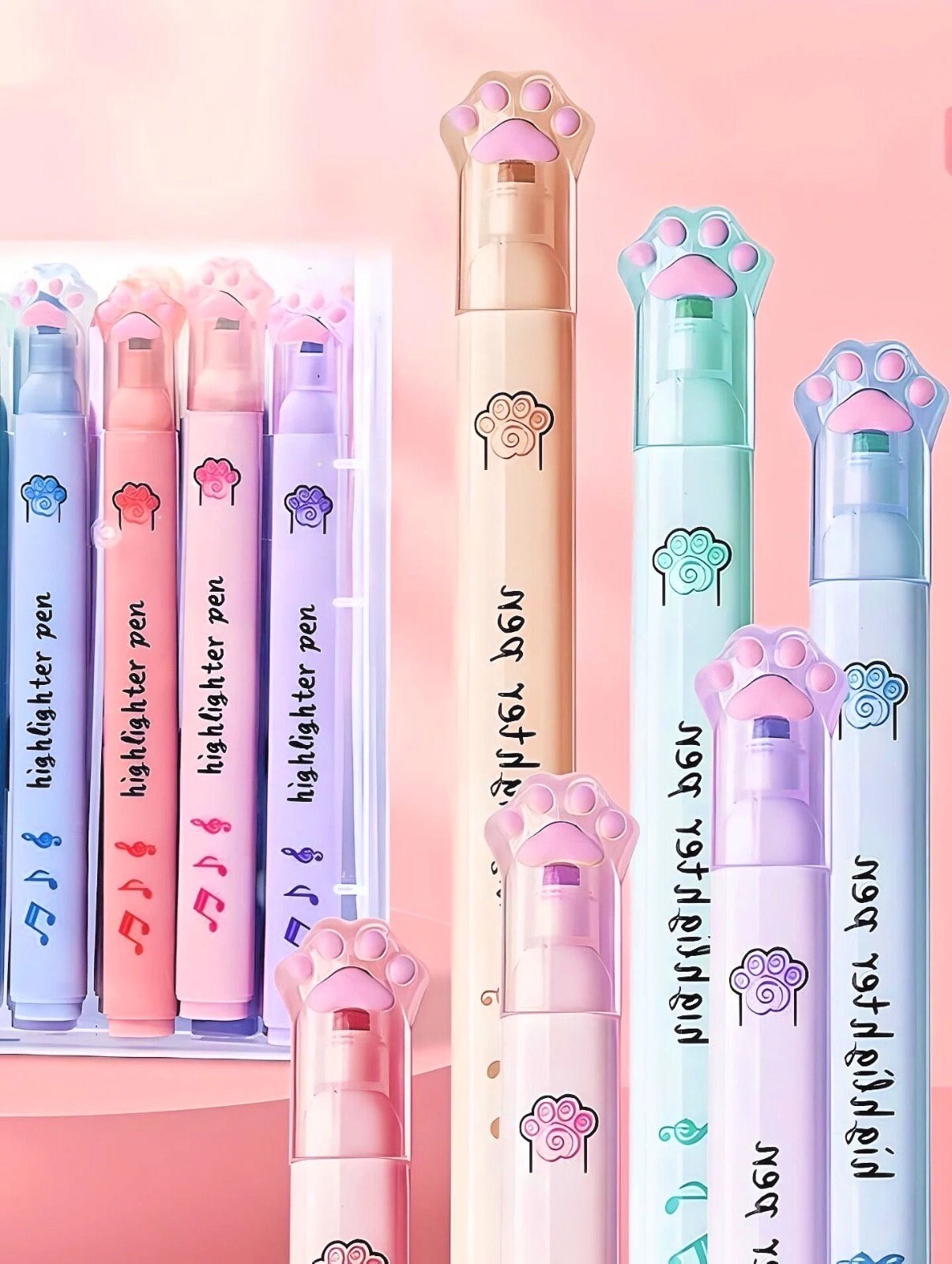 Kawaii Cat Claw Highlighter Set: Pastel School Supplies