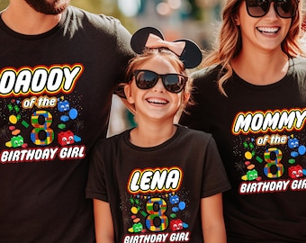 Camiseta personalizada de cumpleaños familiar con bloques de construcción, regalo de cumpleaños personalizado