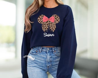 Custom Minnie Name Sweatshirt, Leopard Minnie Hoodie, Disney Family Trip Shirt, Personalized Minnie Sweater, Magic Kingdom Vacation Gift