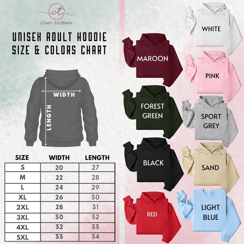 a women's hoodie size and colors chart
