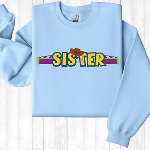 a light blue sweatshirt with the word sister printed on it