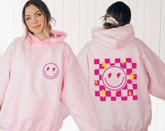 Checkerboard Smiley Face Hoodie: Lightning Bolt Back Print