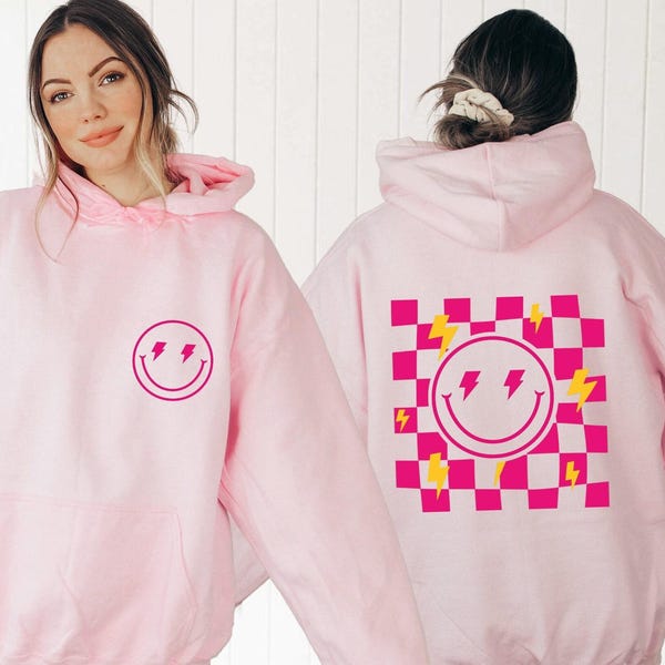 Checkerboard Smiley Face Hoodie: Lightning Bolt Back Print
