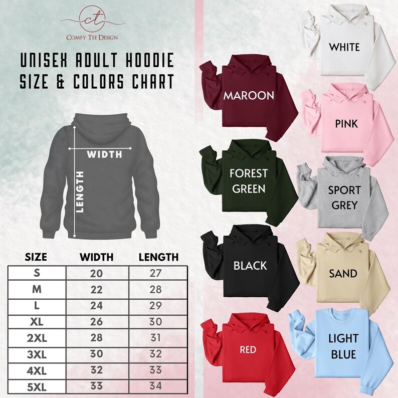 a women's hoodie size and colors chart