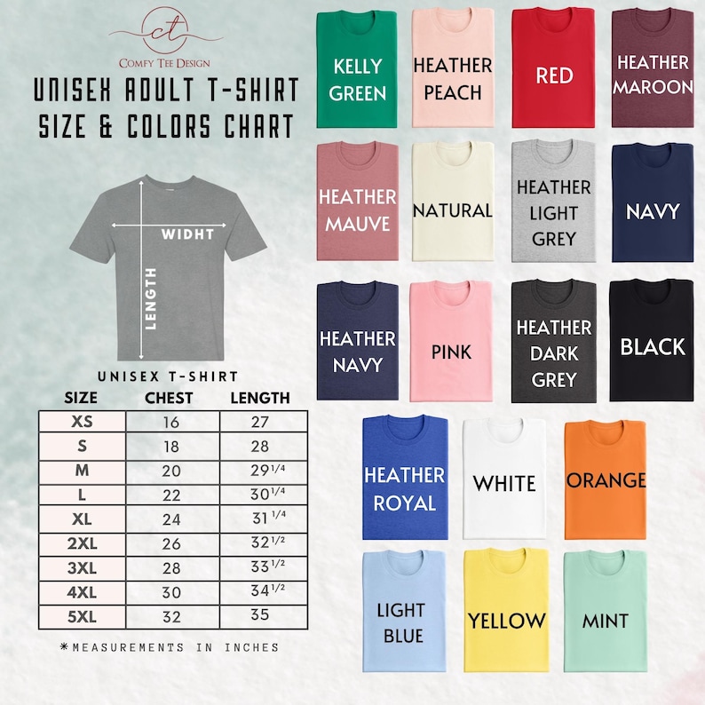 a t - shirt size chart with different colors