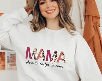 Custom Leopard Print Mama Sweatshirt: Personalized Kids Names Hoodie