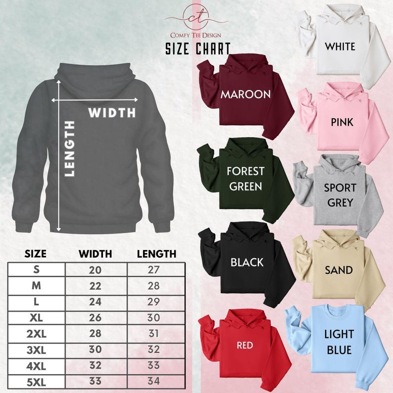 a women's hoodie with the size chart for each of the hoodies