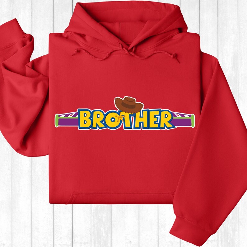 a red hoodie with the word brother on it