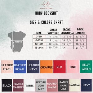 a picture of a baby bodysuit size and colors chart
