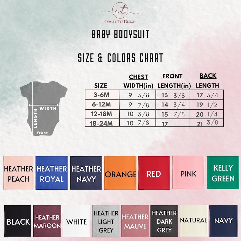 a picture of a baby bodysuit size and colors chart