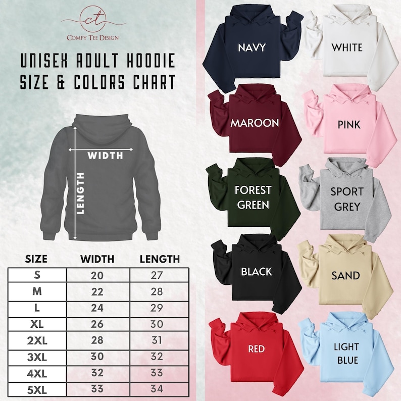 a women's hoodie size and colors chart