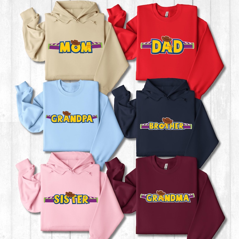 a group of sweatshirts with the word's on them