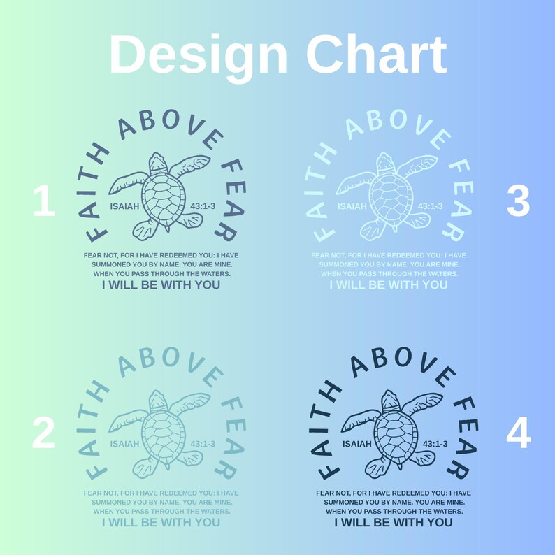 four design charts, each featuring a turtle and the text "Faith Above Fear" in a different color scheme. The text within the turtle design is a biblical verse from Isaiah 43:3, which discusses the concept of faith and overcoming fear. The design charts are arranged in a grid format, with each chart containing a different color and the text within the turtle design. The text within the turtle design is a repetition of the same biblical verse, emphasizing the theme of faith and overcoming fear.