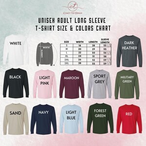 a chart that provides the size and sleeve length for various t-shirt colors, including white, black, light pink, maroon, sport grey, military green, light blue, navy, light blue, forest green, and red.