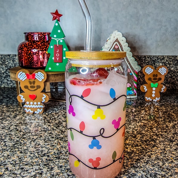 Mickey Christmas Lights Glass Cup, Libbey Glass, Disney Tumbler, Holiday Cup, Color Changing Glass, Iced Coffee Gift For Her, Glass Tumbler