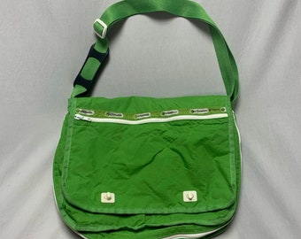 Vintage LeSportSac Green Messenger Shoulder Crossbody Work School Bag Laptop Tablet Carry Case