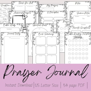 May include: A printable prayer journal with black and white floral designs. The journal includes pages for scripture study, prayer requests, answered prayers, sermon notes, and more. The journal is 54 pages long and is designed for US Letter size paper.