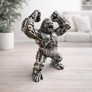 May include: A silver and bronze figurine of a gorilla with mechanical enhancements. The gorilla is in a dynamic pose, with its arms raised and mouth open. The figure has intricate details, including gears and metallic textures.