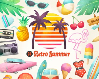 Summer clipart, retro summer png, beach party clip art, watercolor summer digital download, tropical summer invitation, pool party printable