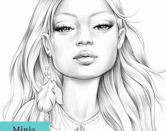Minja | Premium coloring page for adults. High resolution hand drawn printable for cozy coloring, beautiful greyscale illustration.
