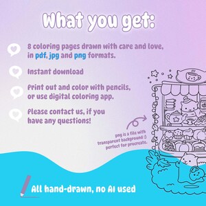May include: Digital download graphic with text "What you get:" and bullet points describing 8 coloring pages in pdf, jpg, and png formats, instant download, and use with pencils or digital apps. Includes a hand-drawn illustration.
