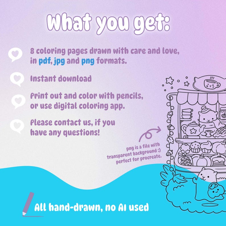 May include: Digital download graphic with text "What you get:" and bullet points describing 8 coloring pages in pdf, jpg, and png formats, instant download, and use with pencils or digital apps. Includes a hand-drawn illustration.