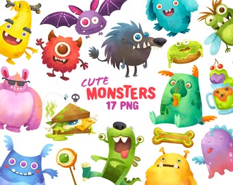 Cute monster clipart, cartoon critters, sublime printing PNG, watercolor monster clip art, digital download, creepy creatures, monster candy