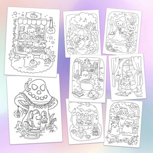 May include: A collection of eight black and white coloring pages featuring whimsical illustrations. The drawings depict various scenes with cute characters, including cats, mushrooms, and pumpkins, in a Halloween or autumn theme. Each page is a unique design.