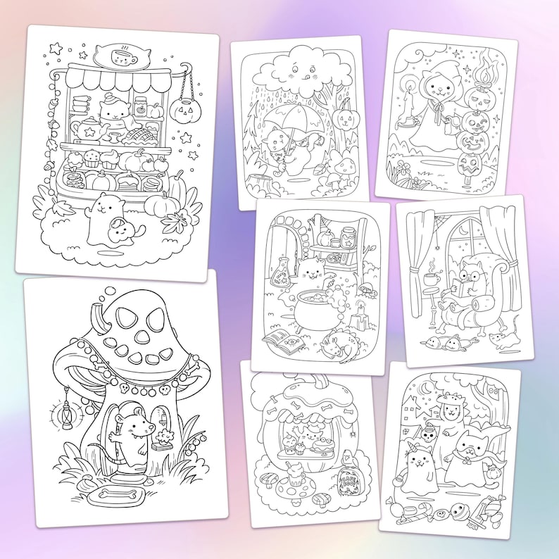 May include: A collection of eight black and white coloring pages featuring whimsical illustrations. The drawings depict various scenes with cute characters, including cats, mushrooms, and pumpkins, in a Halloween or autumn theme. Each page is a unique design.