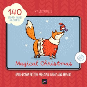 May include: A digital illustration on a tablet screen featuring a fox wearing a red knit sweater with a small bird on its nose, set against a light blue snowy background. Text reads 140 STAMPS & BRUSHES FOR PROCREATE, BY MIRKKUARTS, MAGICAL CHRISTMAS.