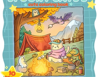 Cute spooky cats coloring book for cozy moments, digital coloring pages for adults, comfy coloring book with spooky cats in fall season.