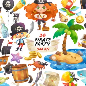 watercolor pirate clipart, birthday party printable, instant download graphic illustration, kids pirate party decoration, pirate ship