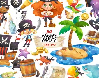 watercolor pirate clipart, birthday party printable, instant download graphic illustration, kids pirate party decoration, pirate ship