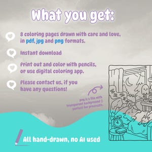 May include: Digital coloring pages with the text "What you get:" and details about the product. The image includes a black and white illustration of a cozy bedroom scene with sleeping animals and a clock.