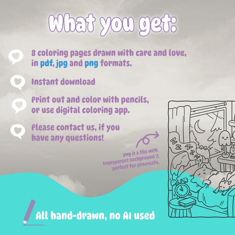 May include: Digital coloring pages with the text "What you get:" and details about the product. The image includes a black and white illustration of a cozy bedroom scene with sleeping animals and a clock.