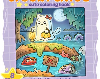 Cute spooky coloring book for cozy moments, digital coloring pages for adults, comfy coloring book with cute and spooky cats for halloween.