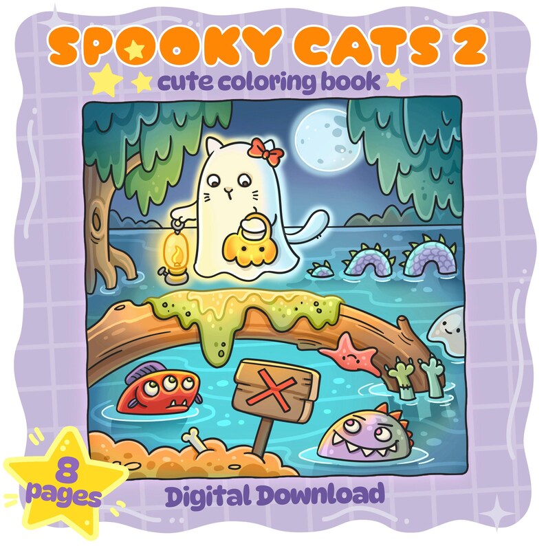 May include: A digital download coloring book titled "Spooky Cats 2" with a cute, cartoonish illustration. The image features a ghost cat holding a lantern and pumpkin bag, with other spooky creatures in a swampy setting. The book has 8 pages.