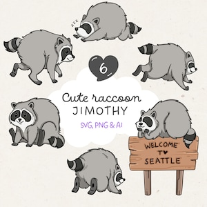 Pode incluir: Um conjunto de ilustrações digitais com seis guaxinins cinzentos e brancos em várias poses, incluindo a dormir, a correr e sentado. O texto diz Cute raccoon JIMOTHY, SVG, PNG & AI, e uma placa de madeira WELCOME TO SEATTLE.