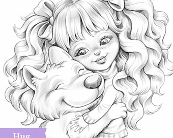 Hug | Premium coloring page for adults and kids. High resolution hand drawn printable for cozy coloring, beautiful greyscale illustration.