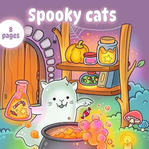 Op de afbeelding: Een kleurrijke illustratie met de tekst "Spooky cats" toont een cartoonkat in een spookkostuum, een borrelende ketel en een plank met drankpotten en een pompoen. De afbeelding heeft een Halloween-thema met een paarse achtergrond en de tekst "8 pages".