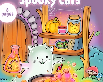 Cute spooky coloring pages for cozy moments, digital coloring for everyone, comfy coloring book with pumpkins and cats for spooky season