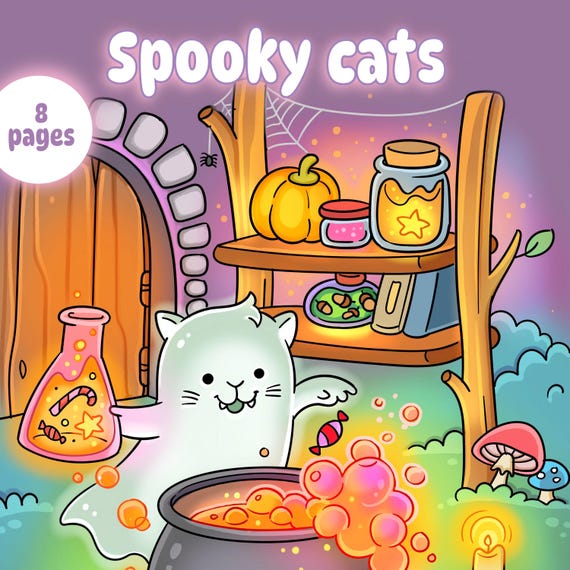 Cute spooky coloring pages for cozy moments, digital coloring for everyone, comfy coloring book with pumpkins and cats for spooky season