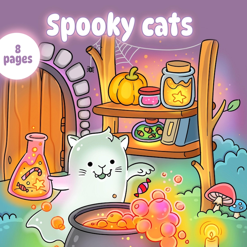 May include: A colorful illustration with the text "Spooky cats" features a cartoon cat in a ghost costume, a bubbling cauldron, and a shelf with potion jars and a pumpkin. The image has a Halloween theme with a purple background and the text "8 pages".