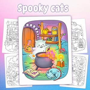 May include: A collection of coloring pages featuring the text "Spooky cats." The pages depict cartoon cats in Halloween scenes, including a cat brewing a potion, a cat in a shop, and cats with pumpkins. The illustrations are outlined in black and white.